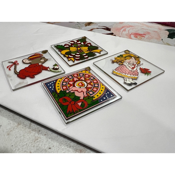 Vintage 1980 Current Glass Christmas Ornaments 2.5" Square with Metal Hanger - Picture 3 of 8